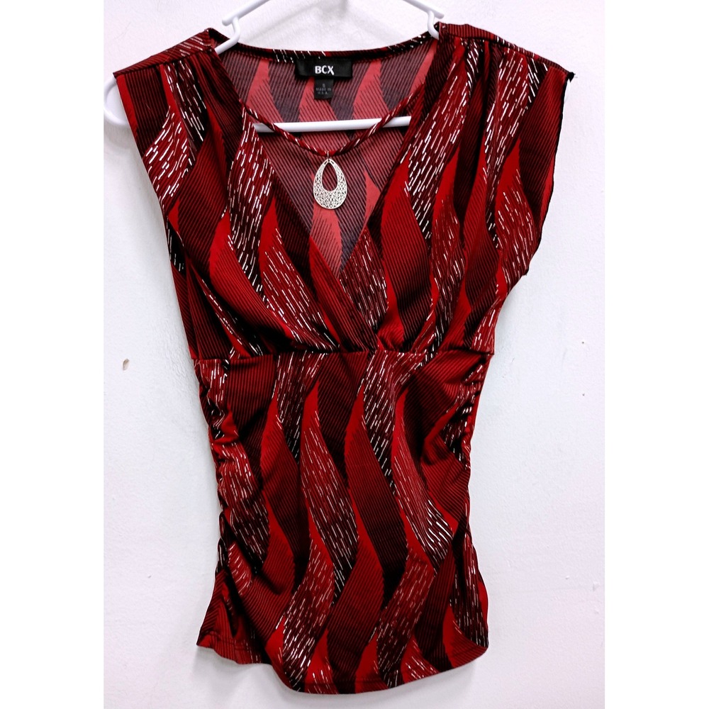 VTG Y2K BCX Babydoll Top Womens Small Red  Ruched Surplice Metallic Sleeveless